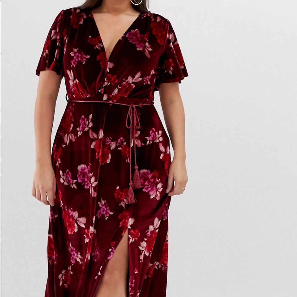 ASOS CURVE Velvet Floral Maxi Dress w/ Tassel Belt